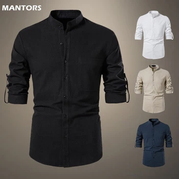 Осень-весна 2023, мужские рубашки с длинным рукавом, Воротник Генри, Мужские повседневные тонкие деловые рубашки, 85% Хлопок, мужская рубашка, топы Bloose