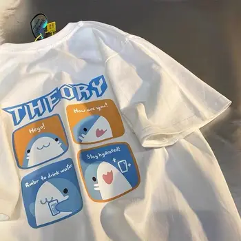 Милая футболка с рисунком акулы, Женская, мужская, Harajuku, Свободный женский повседневный пуловер с коротким рукавом, топы, футболка с принтом для пары, новинка 2023 года