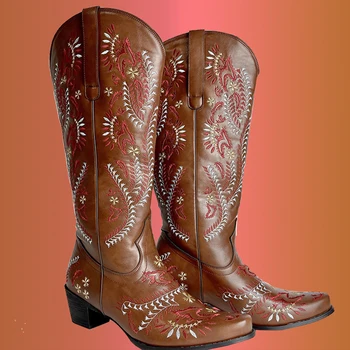 Ковбойские сапоги IPPEUM/ фестивальная винтажная обувь с цветочной вышивкой до середины икры на массивном каблуке, черные ковбойские сапоги в западном стиле для женщин, бесплатная доставка